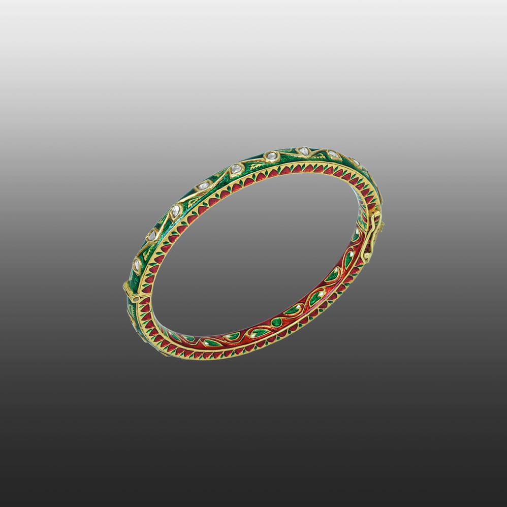 Polki Bangle with Green and Red Enamel Floral Design